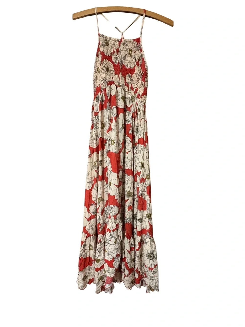 Free People Heat Wave Floral Smocked Maxi Dress Coral Red S